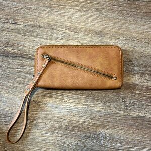 Free People Distressed Vegan zip around wallet tan brown